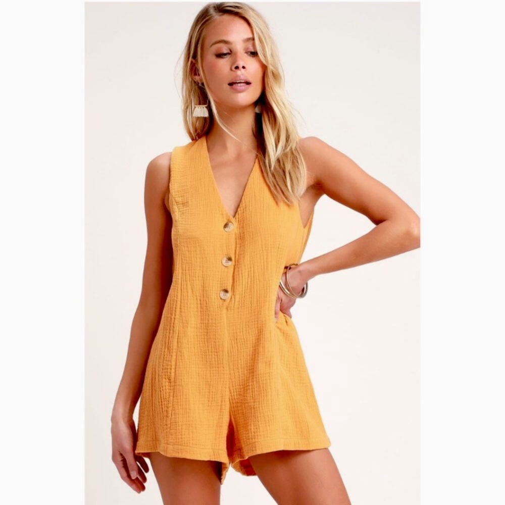 Rhythm. Camille Golden Yellow Orange Sleeveless Cotton Romper Size Small Lulus